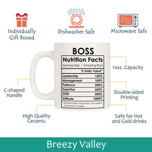 Load image into Gallery viewer, Boss Coffee Mug, Best Boss Gifts for Women Men Funny, Boss Appreciation Gifts, Christmas Birthday Happy Boss Day Gifts Ideas, Office Boss Lady Mug Gifts, Boss Nutrition Facts Mug

