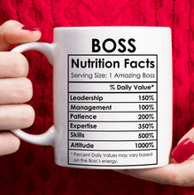 Load image into Gallery viewer, Boss Coffee Mug, Best Boss Gifts for Women Men Funny, Boss Appreciation Gifts, Christmas Birthday Happy Boss Day Gifts Ideas, Office Boss Lady Mug Gifts, Boss Nutrition Facts Mug
