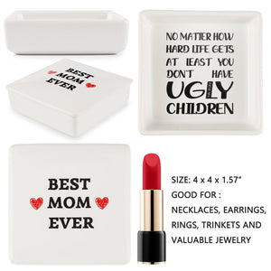 Mom Gifts for Mothers Day Best Mom Ever Gifts Set - I Love You Necklace Mom Birthday Gifts from Daughter Son, Christmas Valentines Day Gifts for Mom Jewelry Tray Ring Holder Trinket Dish Ugly Children